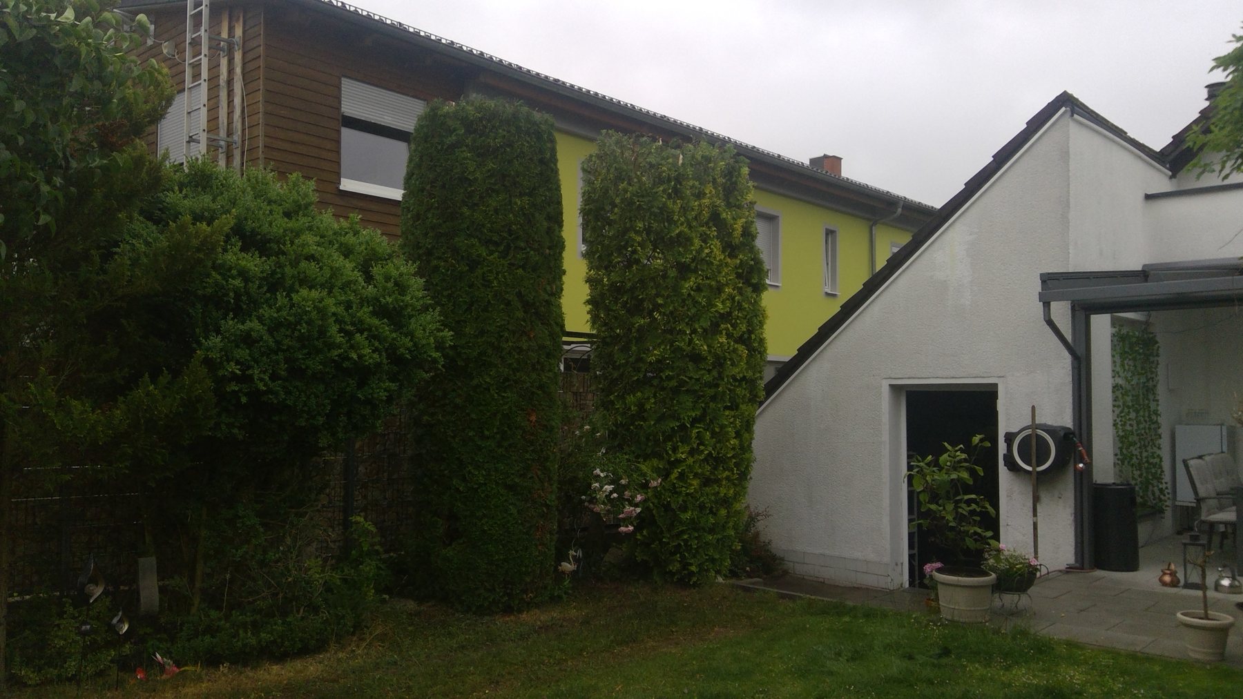 Betreutes Wohnhaus mit Nebengebäude, Thuja-Säulen und Rasenfläche